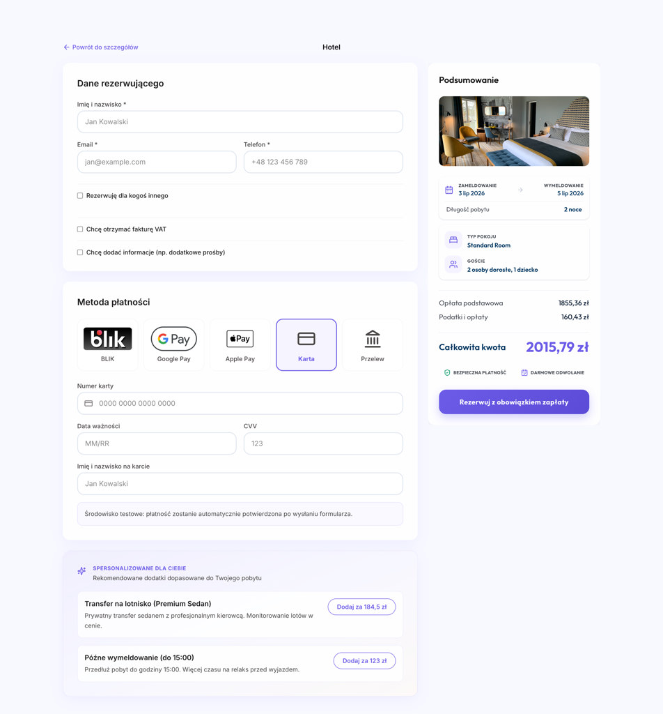 Ekran checkoutu Booking Engine z danymi rezerwującego, metodami płatności i podsumowaniem kwoty 2015,79 zł