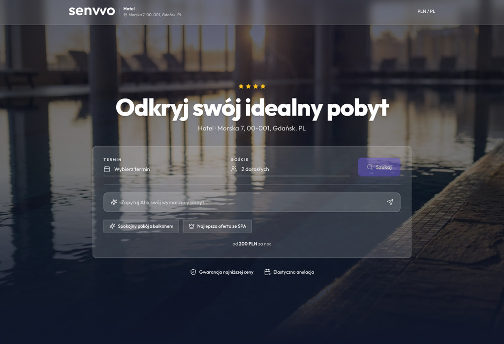 Ekran Booking Engine z hero, wyszukiwarką terminów i polem Zapytaj AI o swój wymarzony pobyt