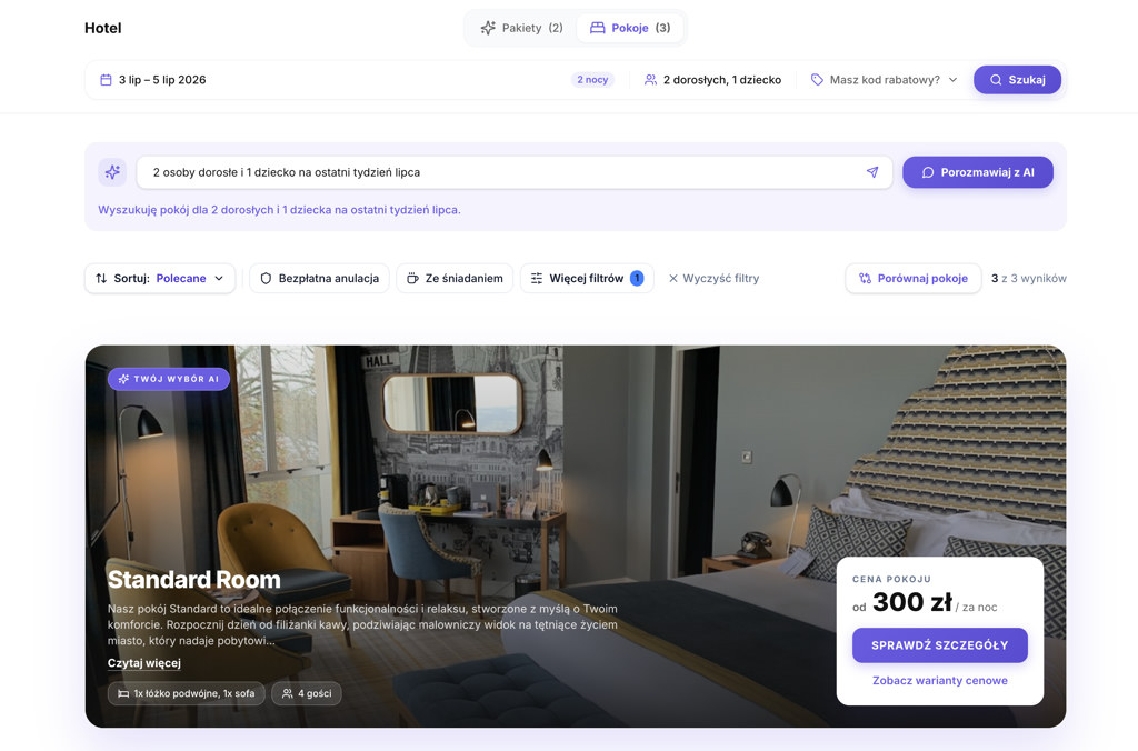 Ekran wyników Booking Engine z kartą Standard Room, rekomendacją AI i ceną od 300 zł za noc