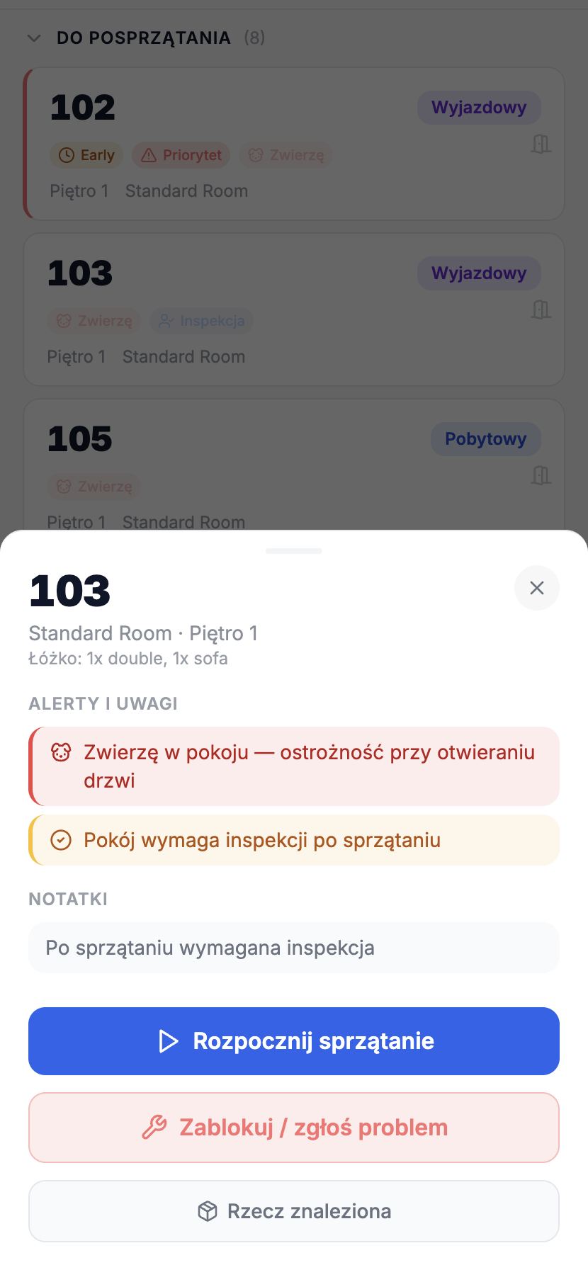 Ekran aplikacji Housekeeping z kartą pokoju 103 i akcjami sprzątania